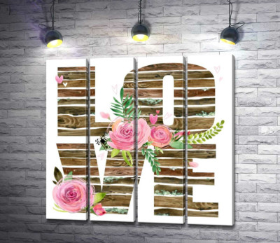 Модульная картина "Деревянные буквы "love" украшены розами"