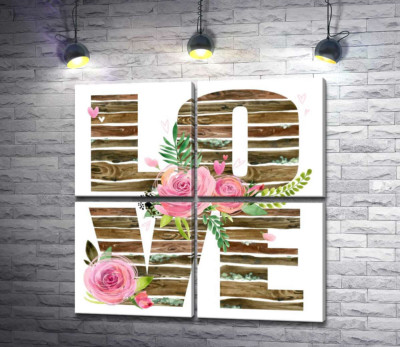Дерев'яні літери "love" прикрашені трояндами