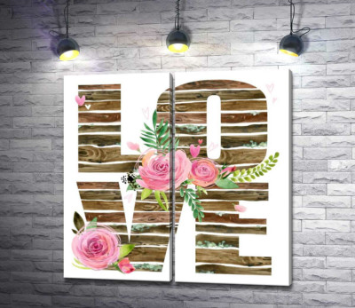 Дерев'яні літери "love" прикрашені трояндами