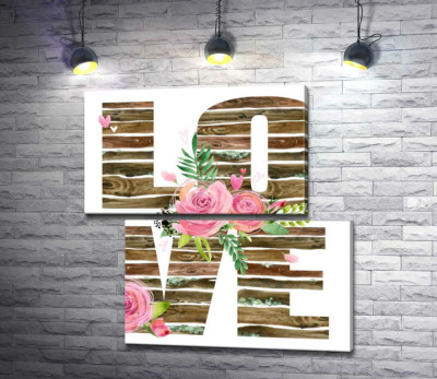 Модульная картина "Деревянные буквы "love" украшены розами"
