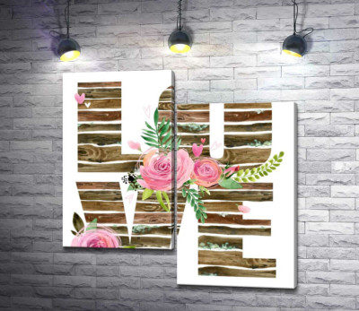 Модульная картина "Деревянные буквы "love" украшены розами"