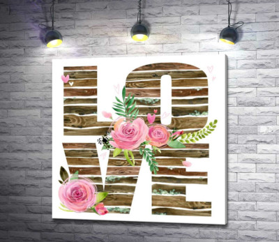 Дерев'яні літери "love" прикрашені трояндами