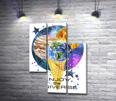Модульна картина "Ріжок морозива з планетами та написом "enjoy the universe""