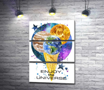 Модульная картина "Рожок мороженого с планетами и надписью "enjoy the universe""