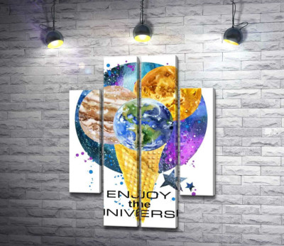 Модульная картина "Рожок мороженого с планетами и надписью "enjoy the universe""