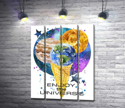 Модульна картина "Ріжок морозива з планетами та написом "enjoy the universe""
