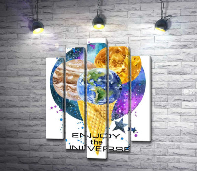 Модульна картина "Ріжок морозива з планетами та написом "enjoy the universe""