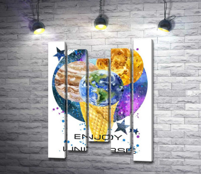 Модульна картина "Ріжок морозива з планетами та написом "enjoy the universe""
