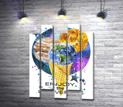 Модульная картина "Рожок мороженого с планетами и надписью "enjoy the universe""