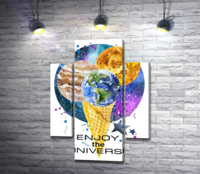 Ріжок морозива з планетами та написом "enjoy the universe"