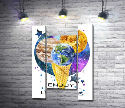 Модульная картина "Рожок мороженого с планетами и надписью "enjoy the universe""