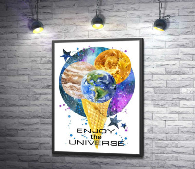 Постер "Ріжок морозива з планетами та написом "enjoy the universe""