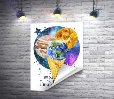 Ріжок морозива з планетами та написом "enjoy the universe"
