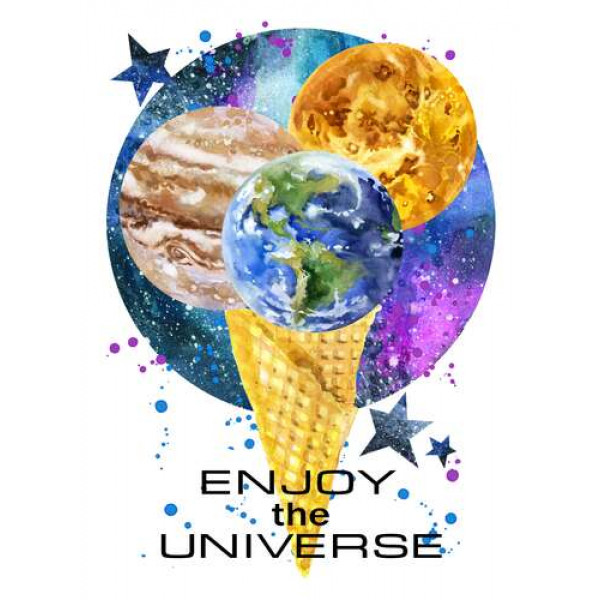 Ріжок морозива з планетами та написом "enjoy the universe"