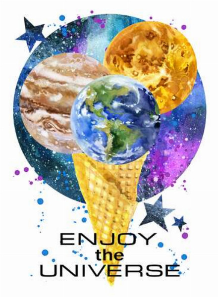Рожок мороженого с планетами и надписью "enjoy the universe"