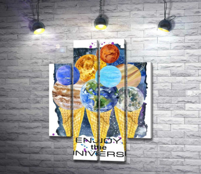 Планеты Солнечной системы собрались на рожках мороженого с надписью "enjoy the universe"