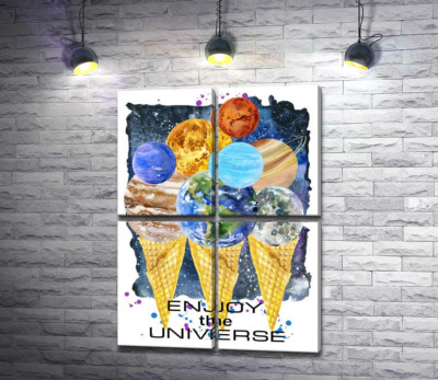 Планети Сонячної системи зібрались на ріжках морозива з написом "enjoy the universe"