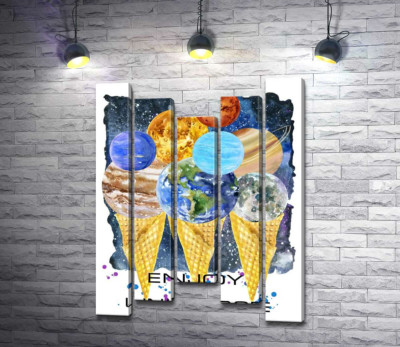 Планеты Солнечной системы собрались на рожках мороженого с надписью "enjoy the universe"