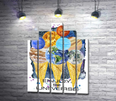 Планеты Солнечной системы собрались на рожках мороженого с надписью "enjoy the universe"