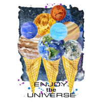 Планеты Солнечной системы собрались на рожках мороженого с надписью "enjoy the universe"
