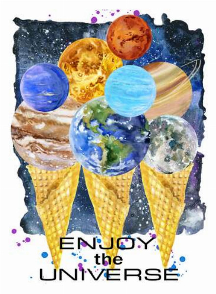 Планети Сонячної системи зібрались на ріжках морозива з написом "enjoy the universe"
