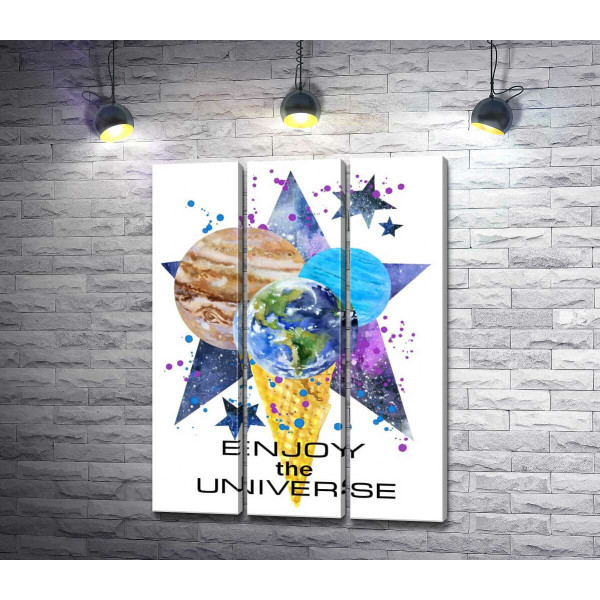 Три планеты в рожке мороженого на космическом фоне с надписью "enjoy the universe"