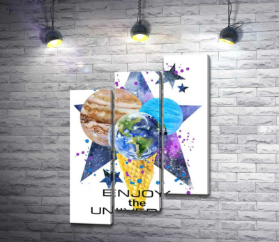 Три планеты в рожке мороженого на космическом фоне с надписью "enjoy the universe"