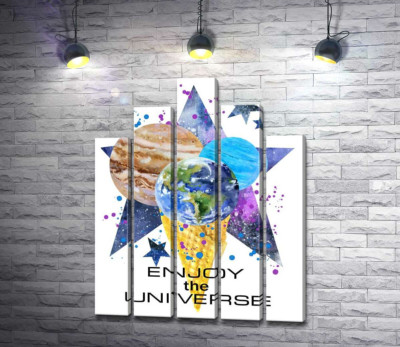Три планеты в рожке мороженого на космическом фоне с надписью "enjoy the universe"