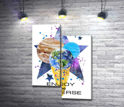 Три планети у ріжку морозива на космічному фоні з написом "enjoy the universe"
