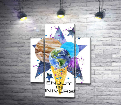Три планети у ріжку морозива на космічному фоні з написом "enjoy the universe"