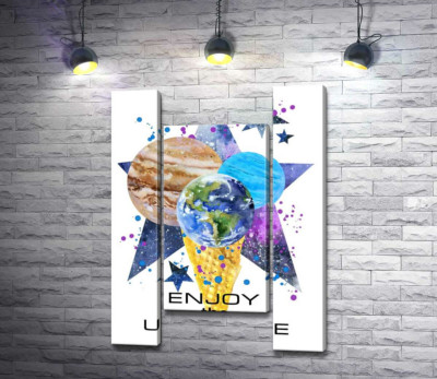 Три планеты в рожке мороженого на космическом фоне с надписью "enjoy the universe"