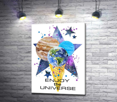 Три планеты в рожке мороженого на космическом фоне с надписью "enjoy the universe"