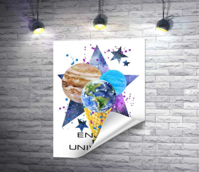 Три планеты в рожке мороженого на космическом фоне с надписью "enjoy the universe"
