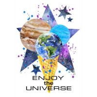 Три планеты в рожке мороженого на космическом фоне с надписью "enjoy the universe"