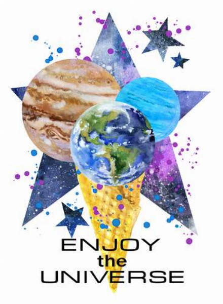 Три планети у ріжку морозива на космічному фоні з написом "enjoy the universe"