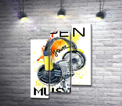 Модульная картина "Наушники и микрофон на оранжевом фоне с надписью "open your music""