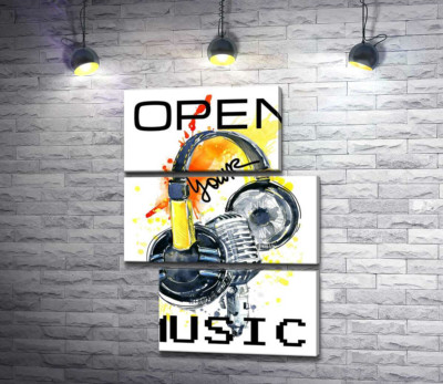 Навушники та мікрофон на помаранчевому фоні з написом "open your music"