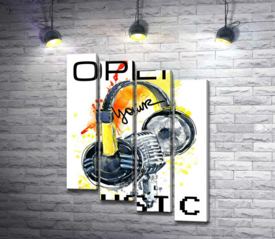 Модульная картина "Наушники и микрофон на оранжевом фоне с надписью "open your music""