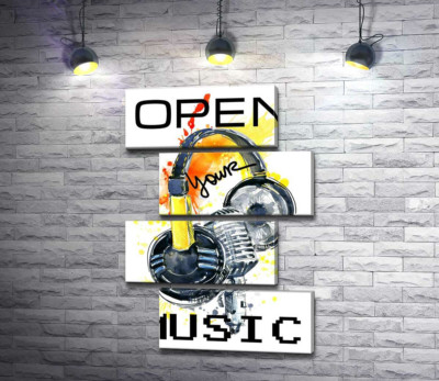 Навушники та мікрофон на помаранчевому фоні з написом "open your music"