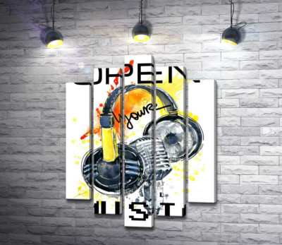 Модульная картина "Наушники и микрофон на оранжевом фоне с надписью "open your music""