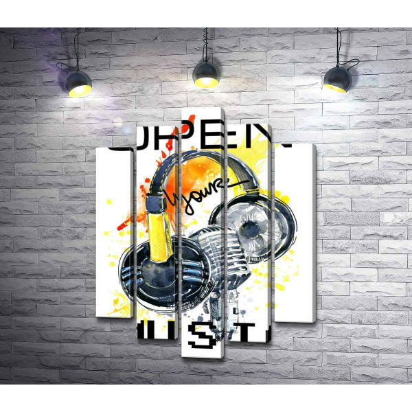Навушники та мікрофон на помаранчевому фоні з написом "open your music"