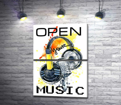 Модульная картина "Наушники и микрофон на оранжевом фоне с надписью "open your music""