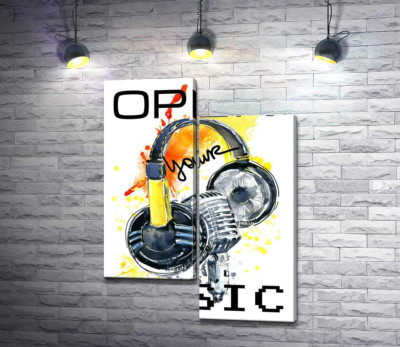 Модульна картина "Навушники та мікрофон на помаранчевому фоні з написом "open your music""
