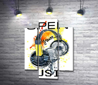 Модульная картина "Наушники и микрофон на оранжевом фоне с надписью "open your music""