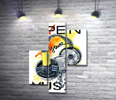 Модульна картина "Навушники та мікрофон на помаранчевому фоні з написом "open your music""