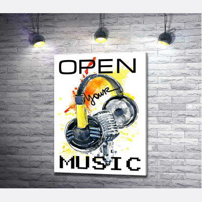 Наушники и микрофон на оранжевом фоне с надписью "open your music"
