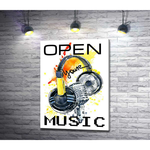 Навушники та мікрофон на помаранчевому фоні з написом "open your music"