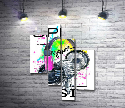 Наушники и микрофон на брызгах желто-зеленого фона с надписью "open your music"