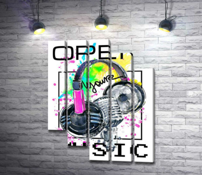 Навушники та мікрофон на бризках жовто-зеленого фону з написом "open your music"