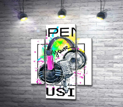 Навушники та мікрофон на бризках жовто-зеленого фону з написом "open your music"